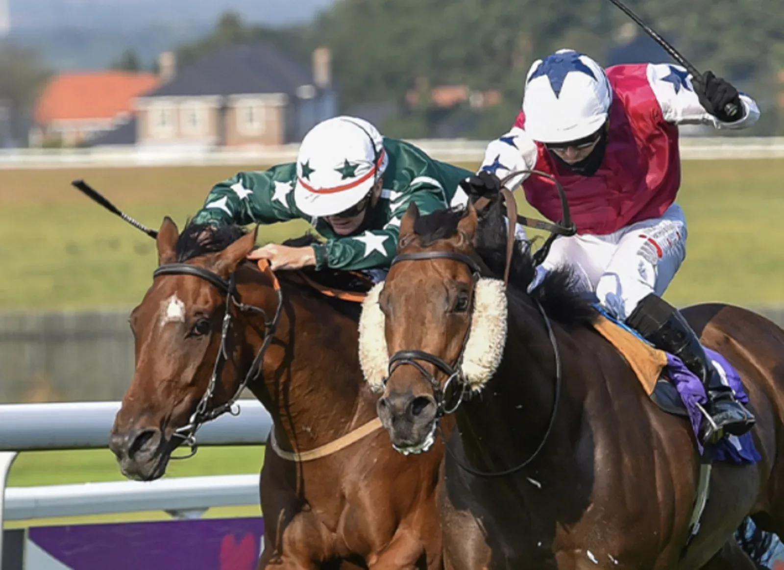 Group Equine runner racing head to head in the green and white silks